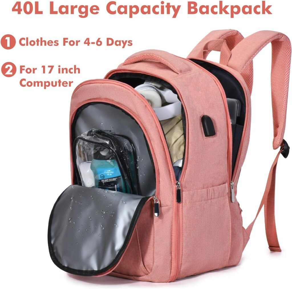 Lekakii Large Travel Backpack with Shoe Pouch, Waterproof Backpack for Traveling On Airplane, 40L Personal Item Travel Bag for Men Women Pink
