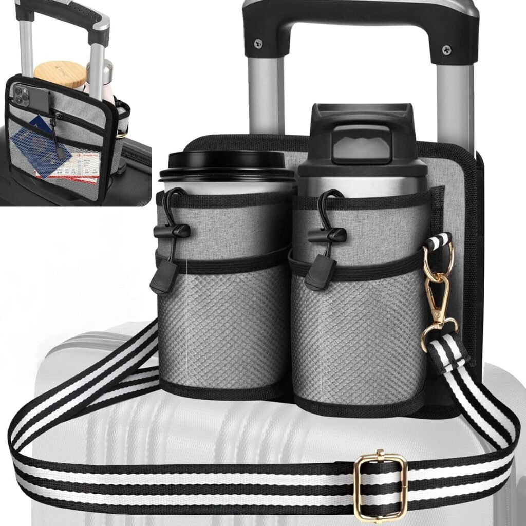 Luggage Cup Holder Bag with Shoulder Strap, Luggage Travel Cup Holder, Travel Drink Suitcase Luggage Holder, Zipper Pocket, Travelers Accessories,Flight Attendant Gifts, Fits Roll on Suitcase Handles