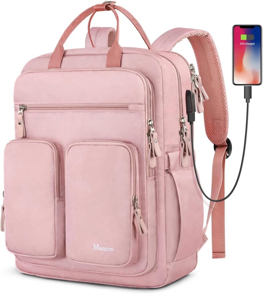 Mancro Travel Backpack for Women, 15.6 Inch Laptop Backpack with USB Charging Port, Waterproof Business Work Backpacks, Fashion College Backpack Gifts for Women, Pink