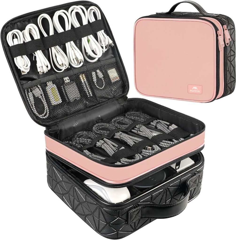 MATEIN Electronic Organizer Travel Case, Waterproof Cable Organizer Bag with Adjustable Divider, Shockproof Portable Double Layer Tech Bags Carrying Case for Cord, Earbuds, SD Card, Tech Gifts, Pink