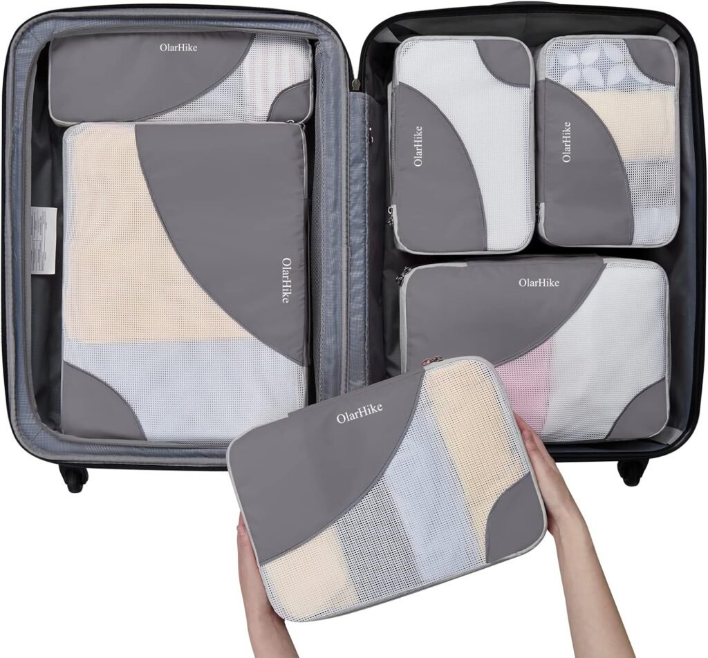 OlarHike 6 Set Packing Cubes for Travel, 4 Various Sizes(Large,Medium,Small,Slim) Luggage Organizer Bags for Travel Accessories Travel Essentials, Travel Cubes for Carry on Suitcases (Grey)