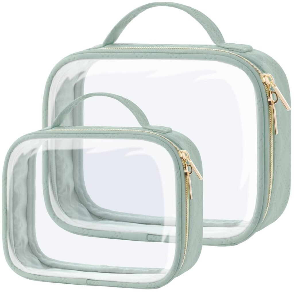 PACKISM TSA Approved Toiletry Bag, 2 Pack Clear Makeup Bags with Handle Large Opening, Clear Toiletry Bags Fit Carry-on Travel Essential, Clear Travel Bags for Toiletries, Laurel Green
