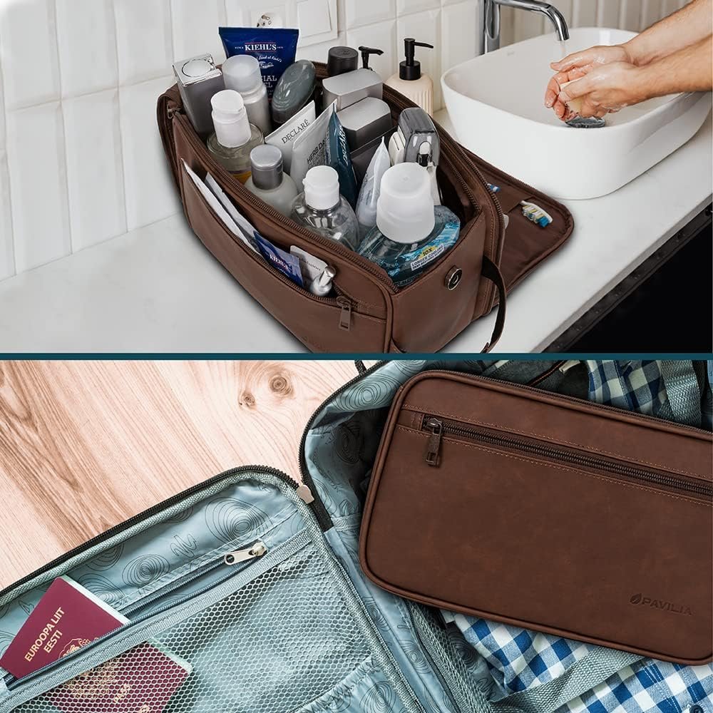 PAVILIA Toiletry Bag for Men, Travel Essentials Shaving Dopp Kit, Mens Travel Bag Toiletries Organizer Case for Grooming, PU Leather Water Resistant Cosmetic Bag Pouch (Dark Brown)