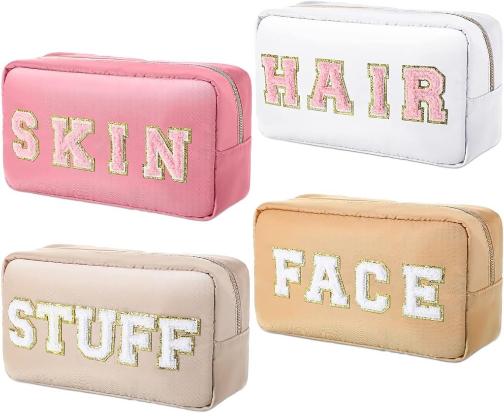 Remerry 4 Pcs Nylon Cosmetic Bag Chenille Letter Cosmetic Pouch Zipper Preppy Waterproof Hair Bag with Patches Makeup Organizer Pouch Set for Women (Light Brown, Beige, Light Pink, White)
