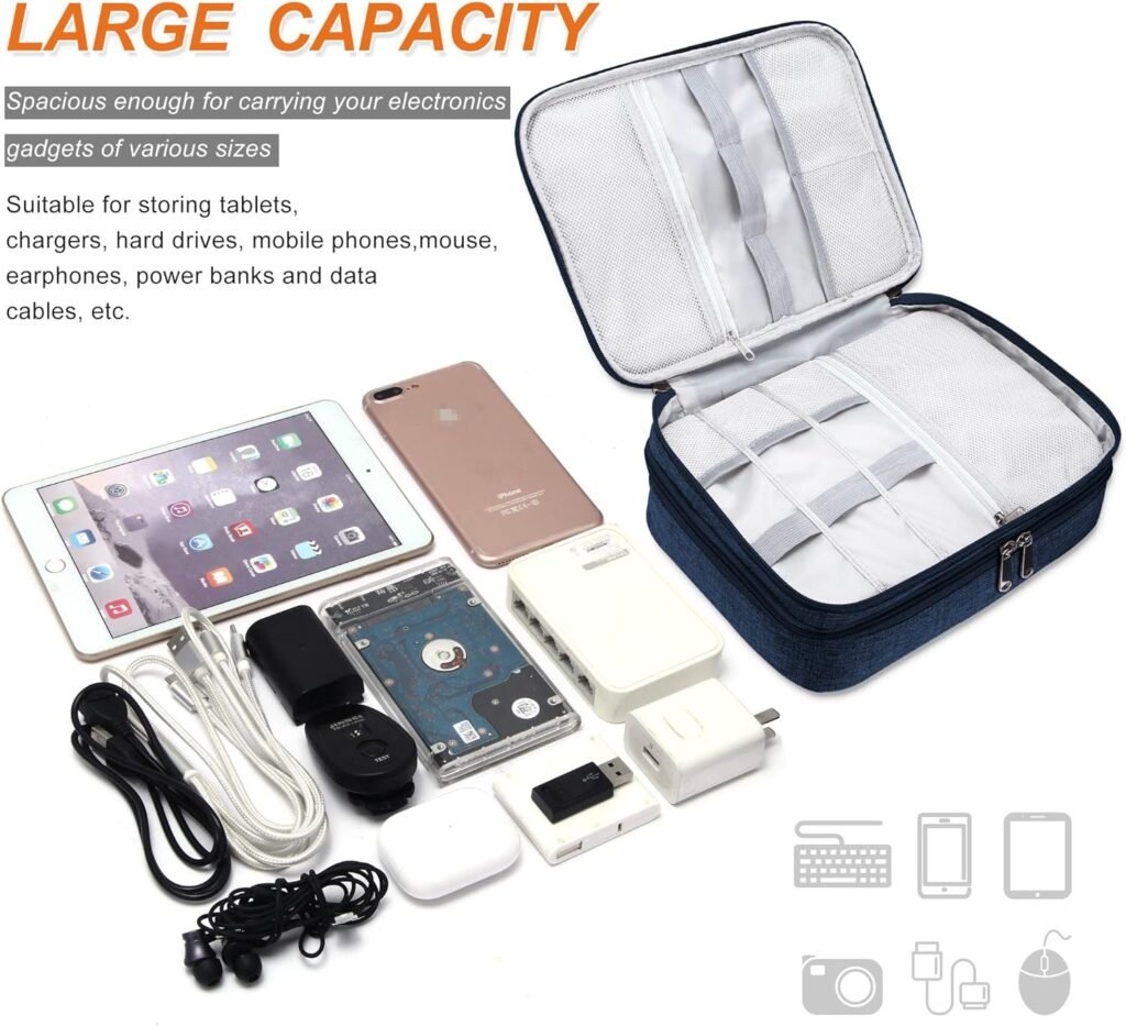 SELLYFELLY Electronic Bag Travel Cable Accessories Bag Waterproof Double Layer Electronics Organizer Portable Storage Case for Cable, Cord, Charger, Phone, Adapter, Power Bank, Kindle, Hard Drives