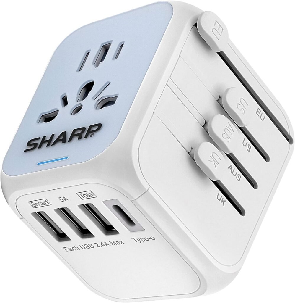 SHARP Universal Travel Adapter International Wall Charger Worldwide AC Plug Adaptor with 3 USB-A and 1 USB Type-C for USA EU UK AUS (White)