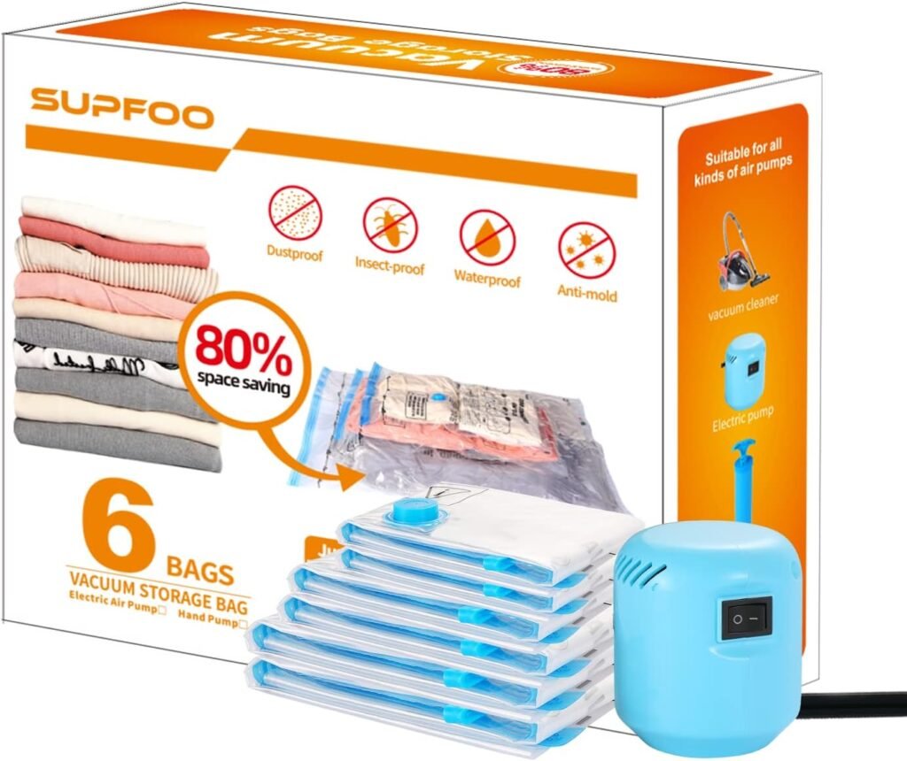 SUPFOO Space Saver Vacuum Storage Bags with Electric Pump,6 Pack(2 Jumbo/2 Large/2 Medium) Double Zip Seal,Vacuum Seal Bags Fit Clothes,Comforters,Blankets,Mattress,Duvets,Pillows,Travel