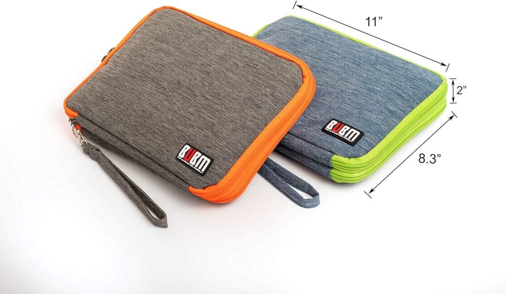 Three Layer Electronics Organizer and Travel Organizer for Tablet, Cables, and Chargers. Size XL Fit up to 10 Tablets. (Grey and Bright Orange)