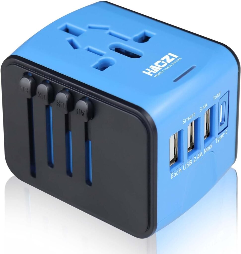 Travel Adapter, HAOZI Universal Travel Adapter - 3 USB + 1 Type C in One Travel Charger with UK/US/AUS/EU Plugs and Socket, International Power Adapter Wall Charger (Type-c Blue)
