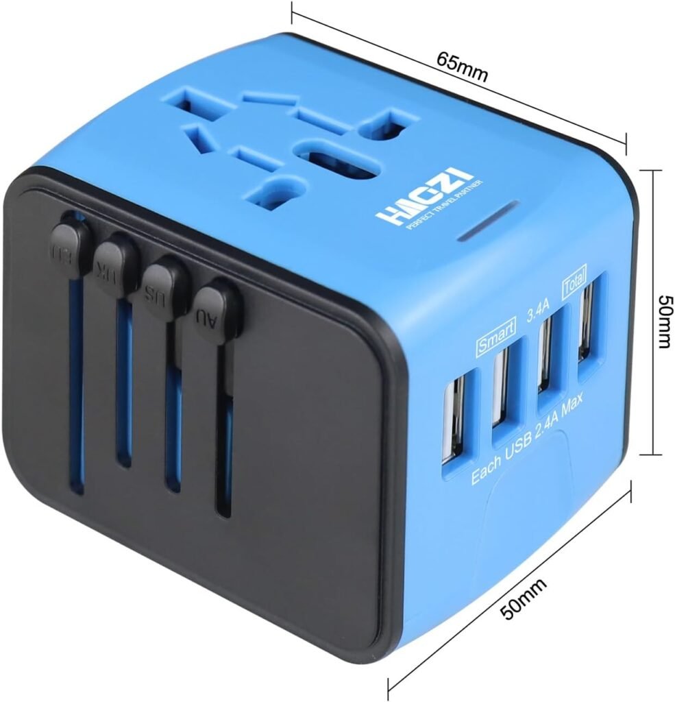 Travel Adapter, HAOZI Universal Travel Adapter - 3 USB + 1 Type C in One Travel Charger with UK/US/AUS/EU Plugs and Socket, International Power Adapter Wall Charger (Type-c Blue)