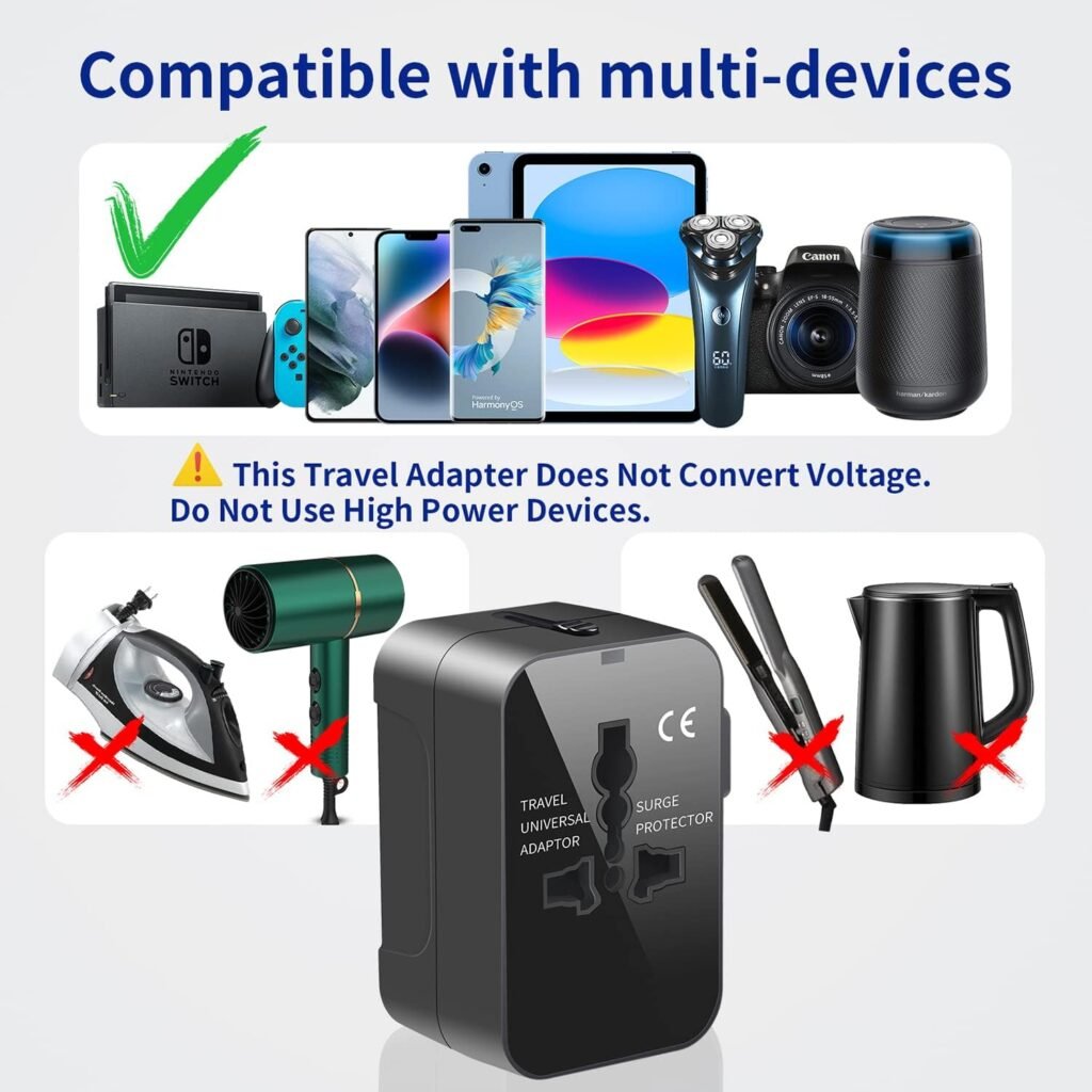 Travel Adapter, Worldwide All in One Universal Travel Adaptor Wall AC Power Plug Adapter Wall Charger with Dual USB Charging Ports for USA EU UK AUS Cell Phone Laptop Black