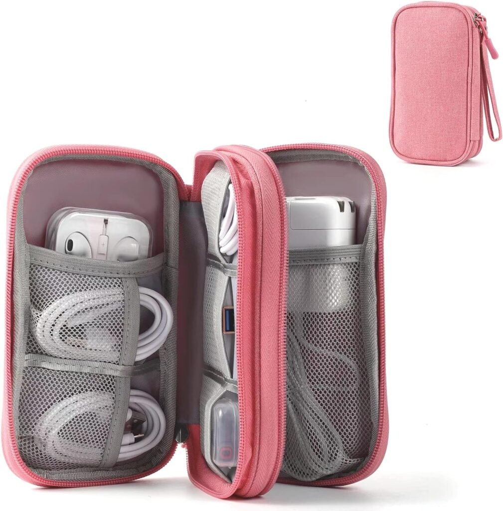 Travel Electronic Organizer Pouch Bag, 3 Compartments Portable Electronic Phone Accessories Storage Multifunctional Case for Cable, Cord, Charger, Hard Drive, Earphone(Pink)