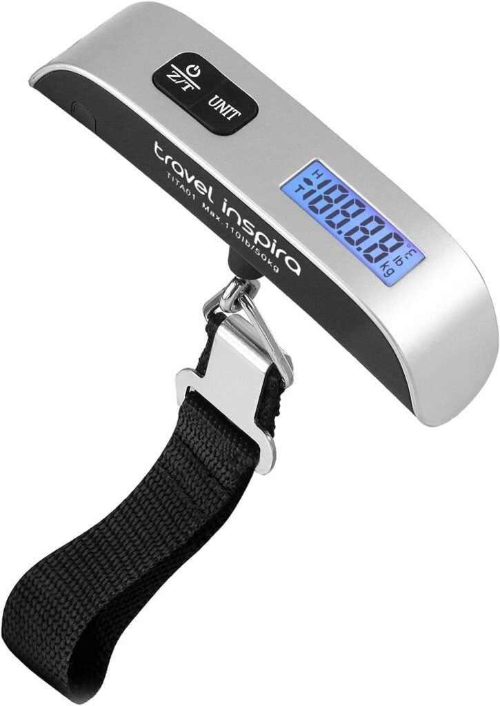 travel inspira Luggage Scale, Portable Digital Hanging Baggage Scale for Travel, Suitcase Weight Scale with Rubber Paint, 110 Pounds, Battery Included - Silver