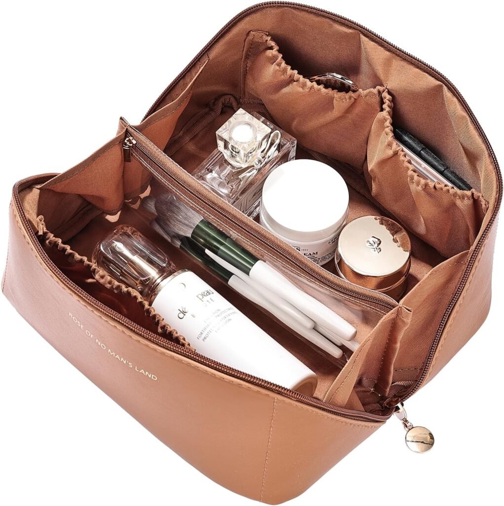 Travel Makeup Bag Large Capacity Cosmetic Bags Waterproof Toiletry Bag for Women Lay Flat PU Leather Makeup Bag with Divider and Handle Makeup Organizer Bag Cosmetic Pouch Skincare Bag Brown