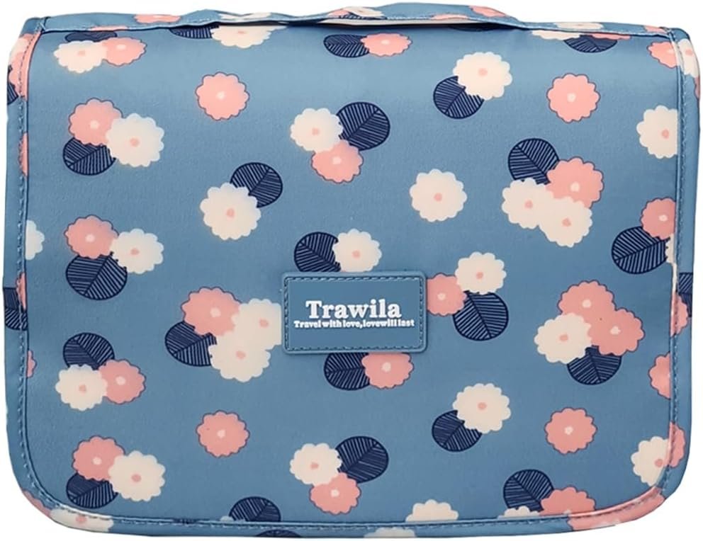 Trawila Travel Hanging Toiletry Bag Cosmetic Bag Makeup Organizers for Men  Women with Sturdy Hook (Blue flower)