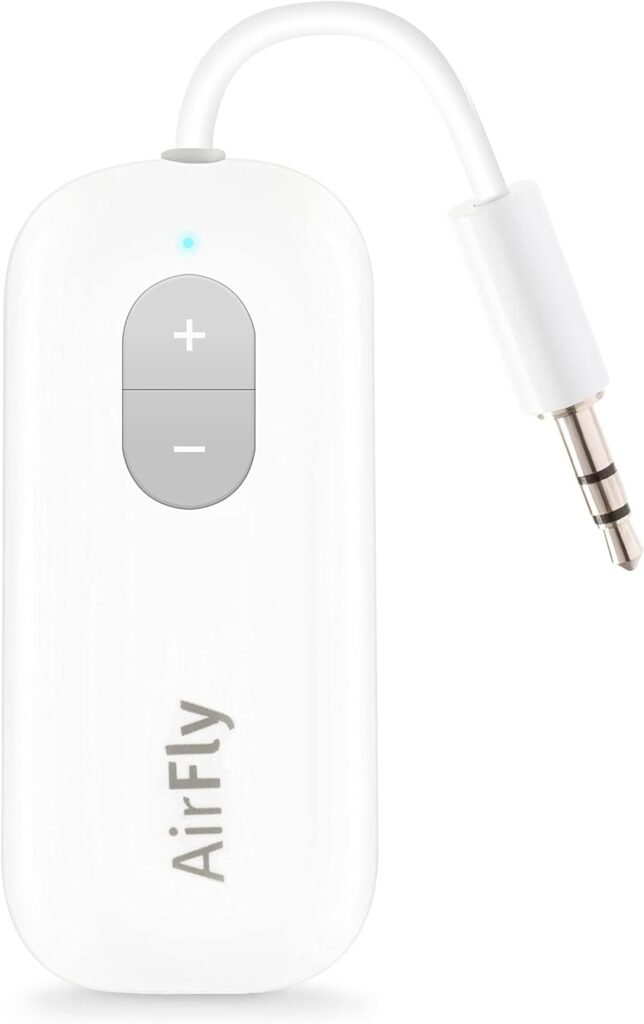 Twelve South AirFly SE, Premium Bluetooth Wireless Audio Transmitter for AirPods or Wireless Headphones - Use with Any 3.5 mm Audio Jack for In-Flight, TV, Gym and Tablets, White, 1 by 4