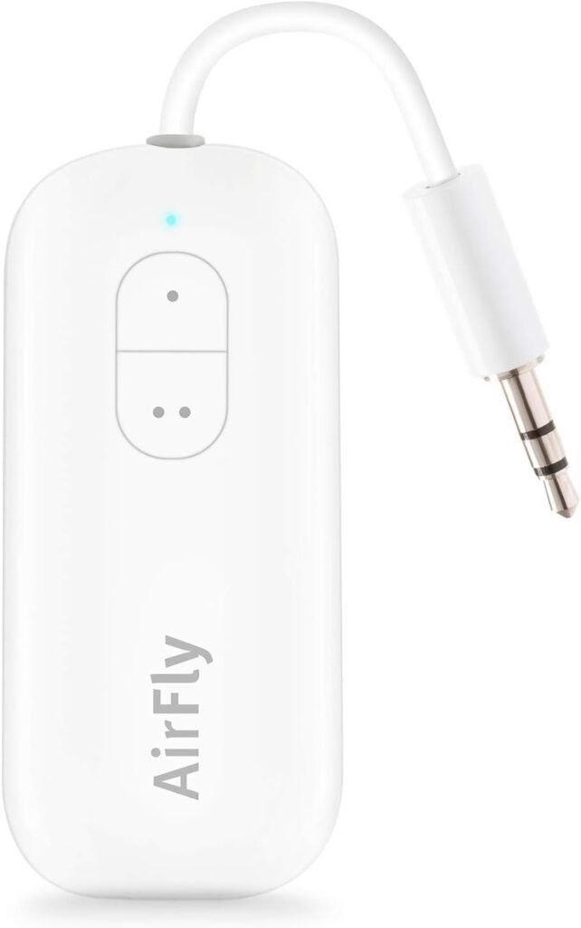 Twelve South AirFly SE, Premium Bluetooth Wireless Audio Transmitter for AirPods or Wireless Headphones - Use with Any 3.5 mm Audio Jack for In-Flight, TV, Gym and Tablets, White, 1 by 4