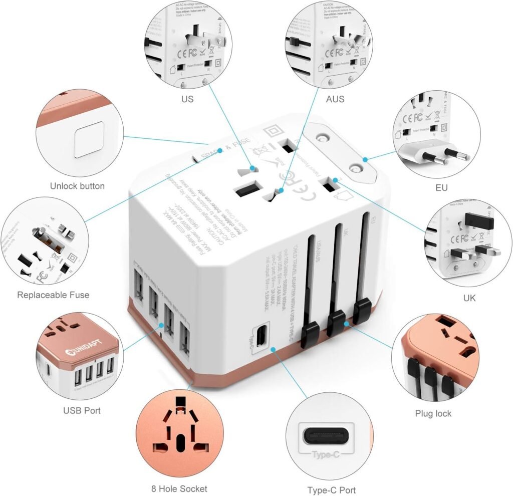 Unidapt Universal Travel Adapter with International Plug, 5.6A Smart Power 3.0A 4 USB 1 Type C, Power Adapter Travel Charger, Outlet Converter Worldwide US to Europe EU AU UK USA(Type C/G/A/I)