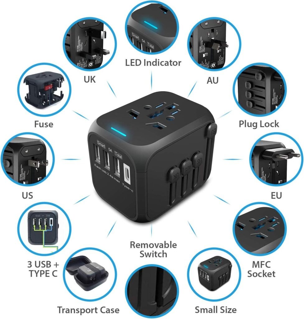Universal Travel Adapter - International Worldwide Plug Kit, Type C + 3 USB Power Charger, 200 Countries - UK, European, Asia, Israel, India, Italy, Argentina, France, New Zealand, Australia and etc.