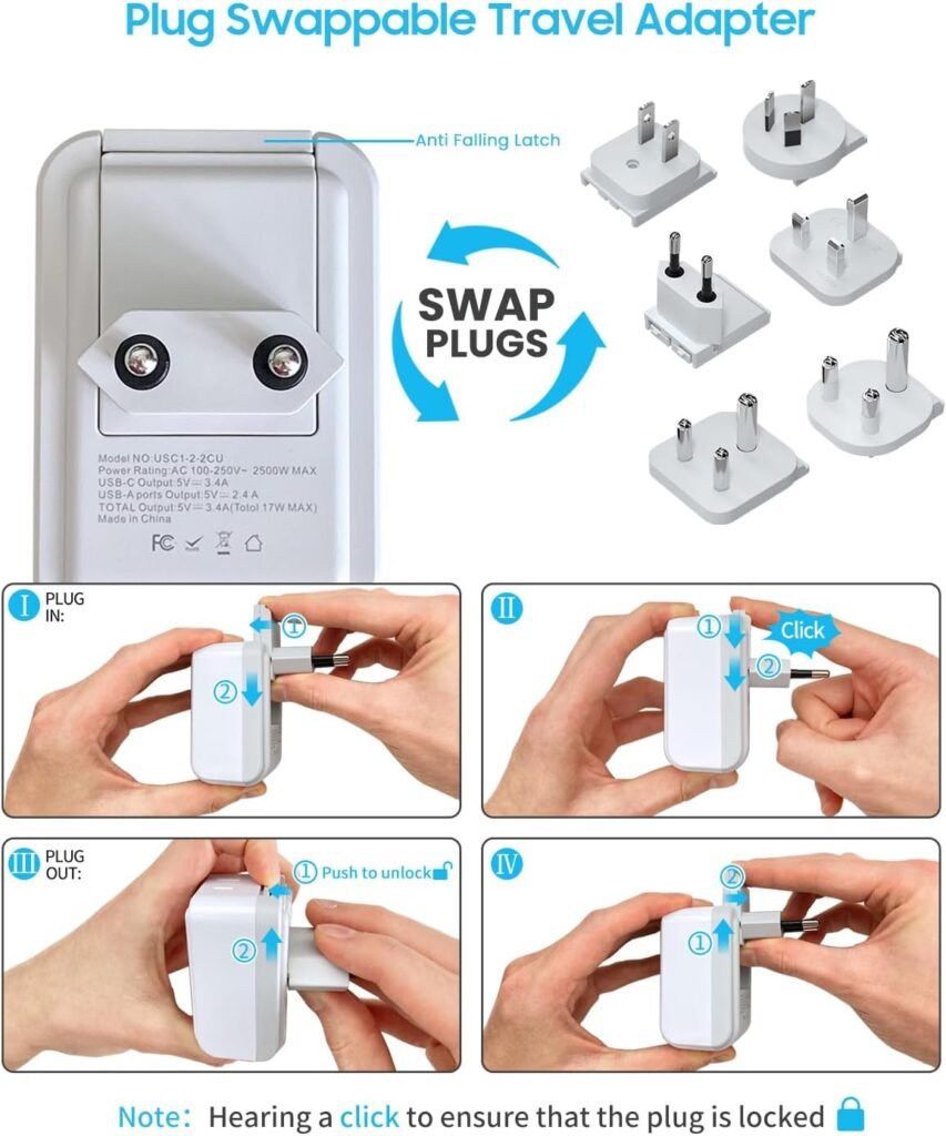 Universal Travel Adapter Kit, VINTAR International Plug Adapter with 3 USB Ports(2 USB C, 3.4A)  2 American Outlets, Type A,C,G,D,I,M SwapAdapt Attachments, Adapter for US/EU/UK/India/AUS/Africa