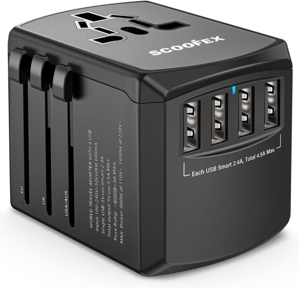 Universal Travel Adapter, SCOOFEX International Plug Adapter with 4 USB Ports（2.4A）, AC Outlet Worldwide Wall Power Charger Converters for USA EU Europe UK AUS (Type C/G/A/I)