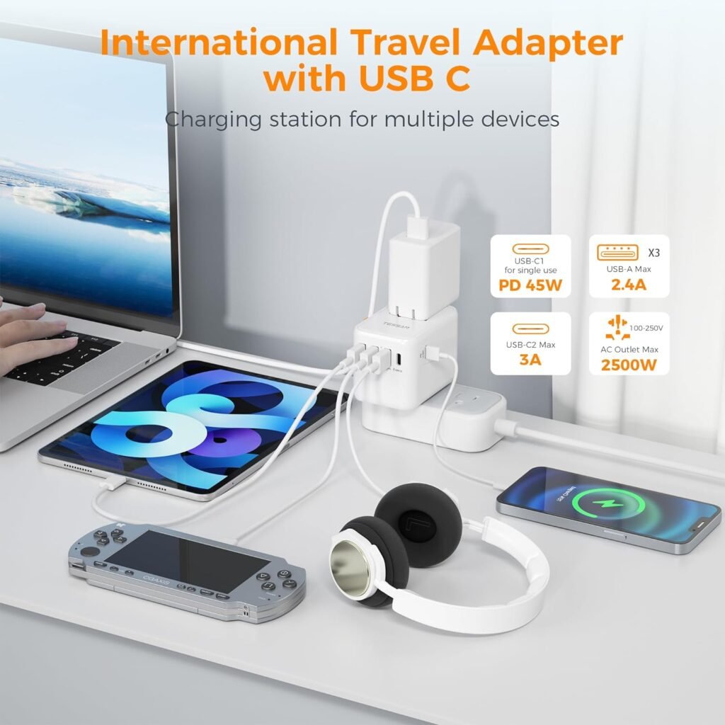 Universal Travel Adapter, TESSAN International Plug Adapter, 5.6A 3 USB C 2 USB A Ports, All-in-one Travel Charger Outlet Converter for Europe UK EU AUS (Type C/G/A/I)