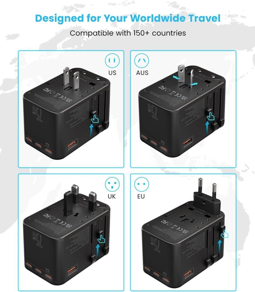 Universal Travel Adapter, VINTAR 75W GaN International Plug Adapter with 3 USB-C PD  2 USB-A QC, All-in-one Travel Essentials for UK/EU/USA/AUS, Worldwide Power Adapter for Laptops Tablets Phones