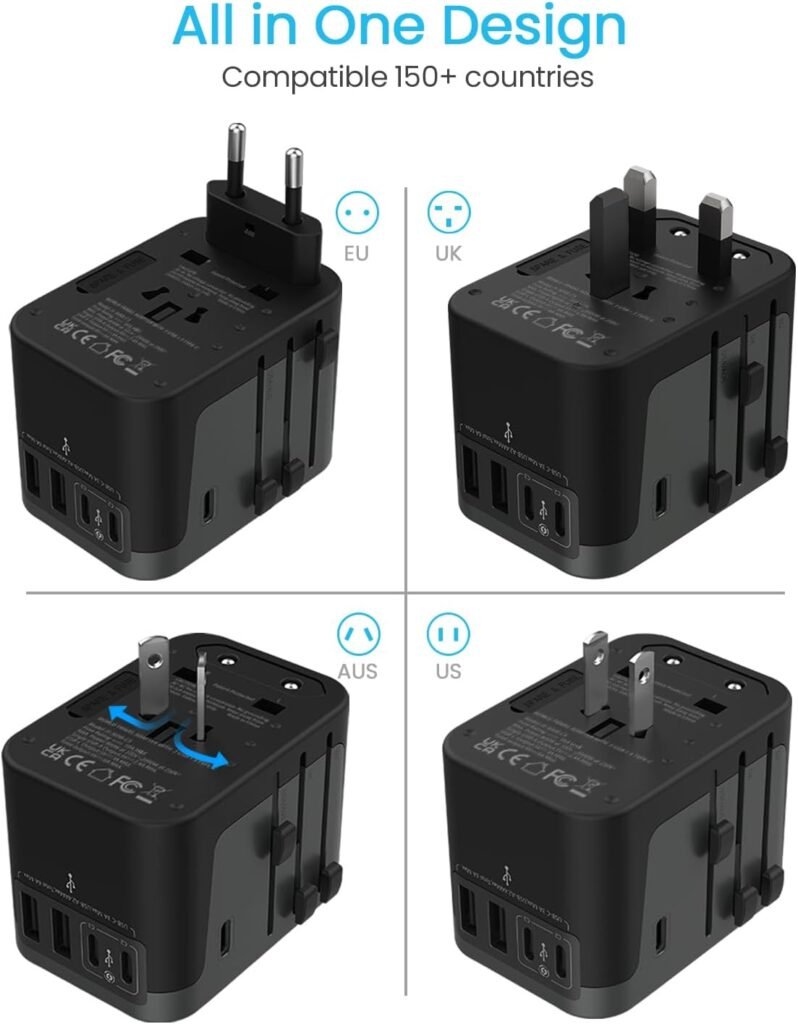 Universal Travel Adapter, VINTAR International Plug Adapter with 6A 3 USB C and 2 USB Ports, Travel Essentials Power Adapter, Worldwide All-in-One Outlet Converter for Europe UK USA AUS(Type C/G/A/I)