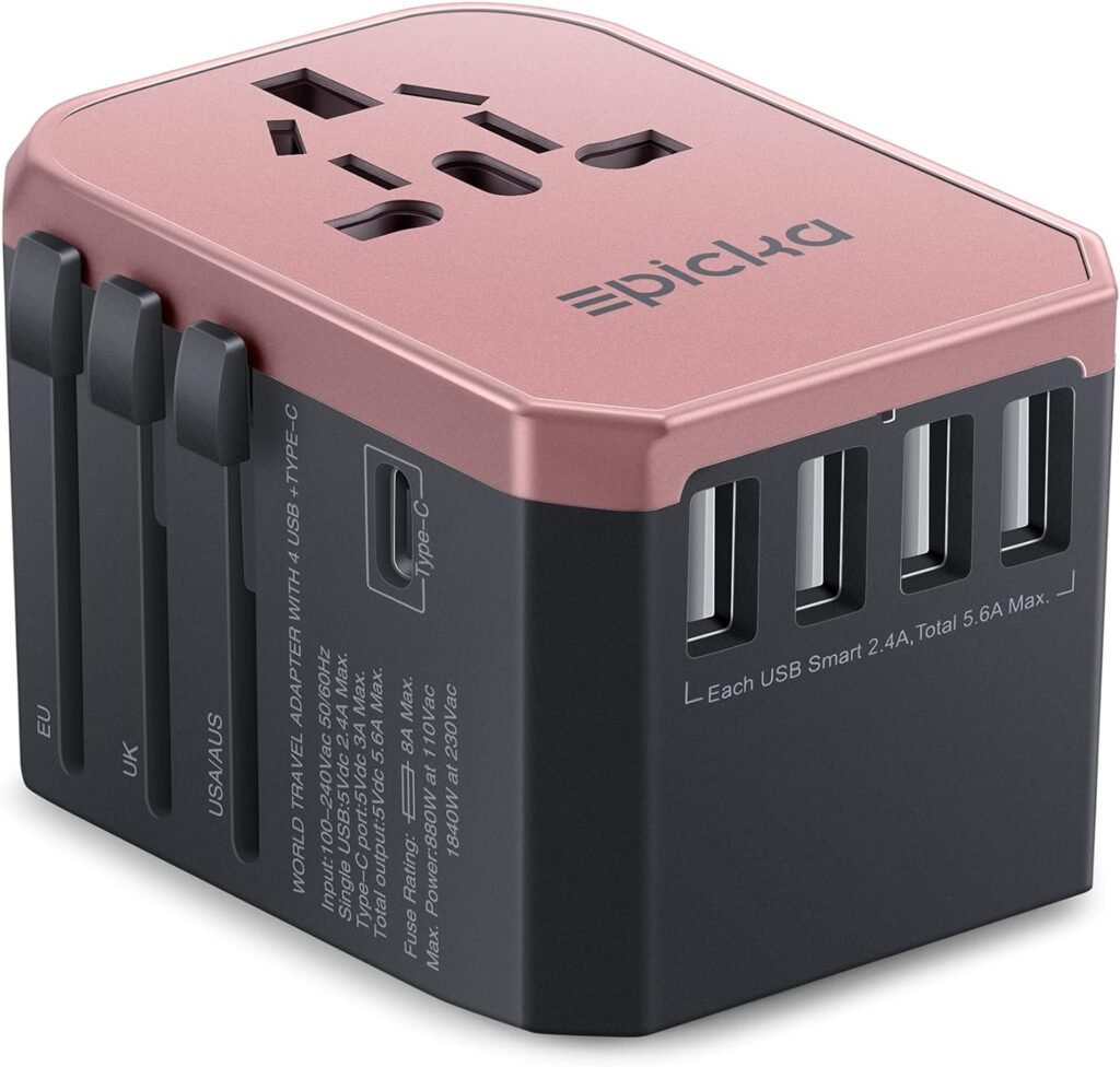 Universal Travel Power Adapter - EPICKA All in One Worldwide Wall Charger AC Plug Adaptor with 5.6A Smart Power and 3.0A Type-C for USA EU UK AUS (TA-105, Rose Gold)