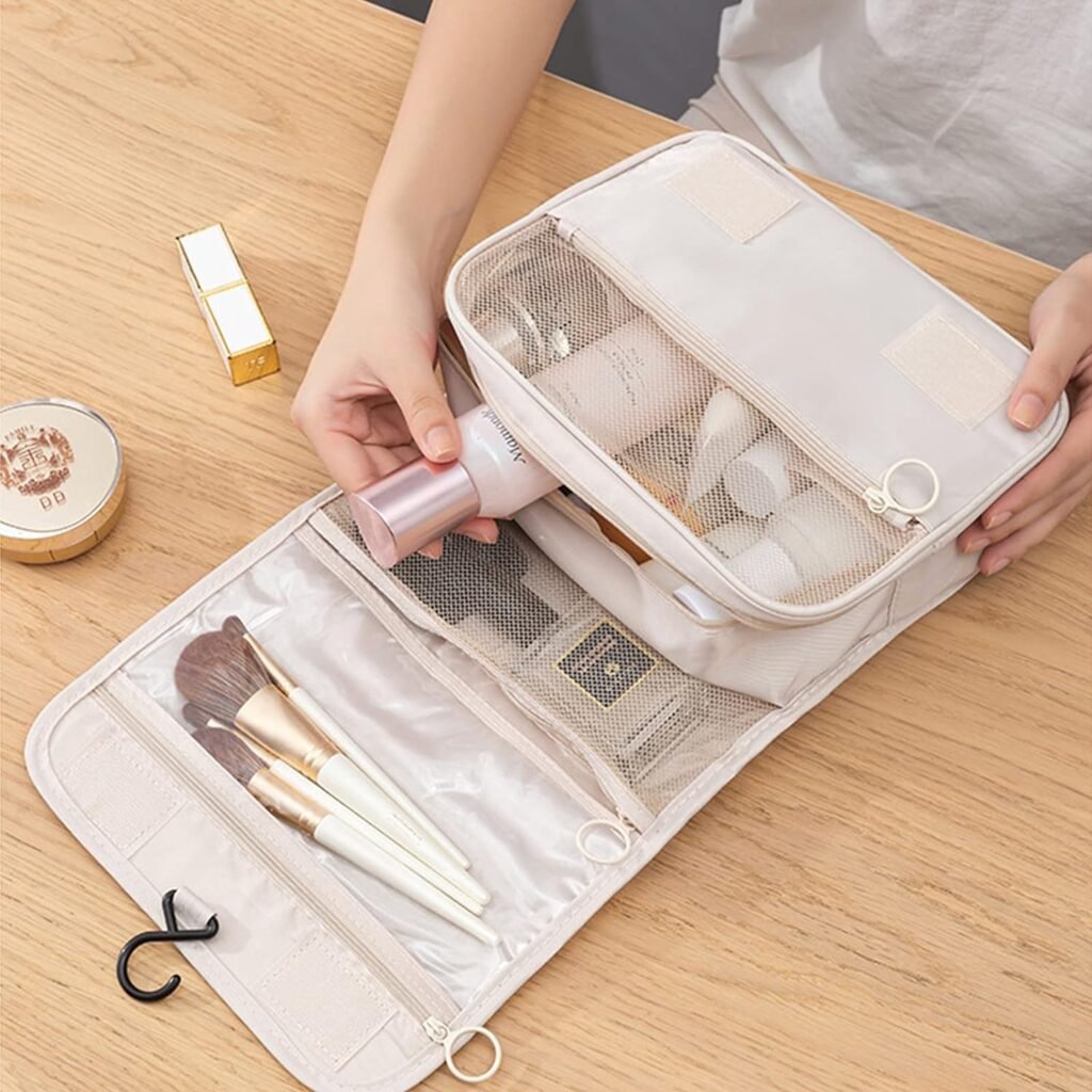 Yeegras Hanging Toiletry Bag for Women, Travel Size Toiletries bags with Hook, Travel Makeup Bag for Cosmetic Storage Organizer Beige